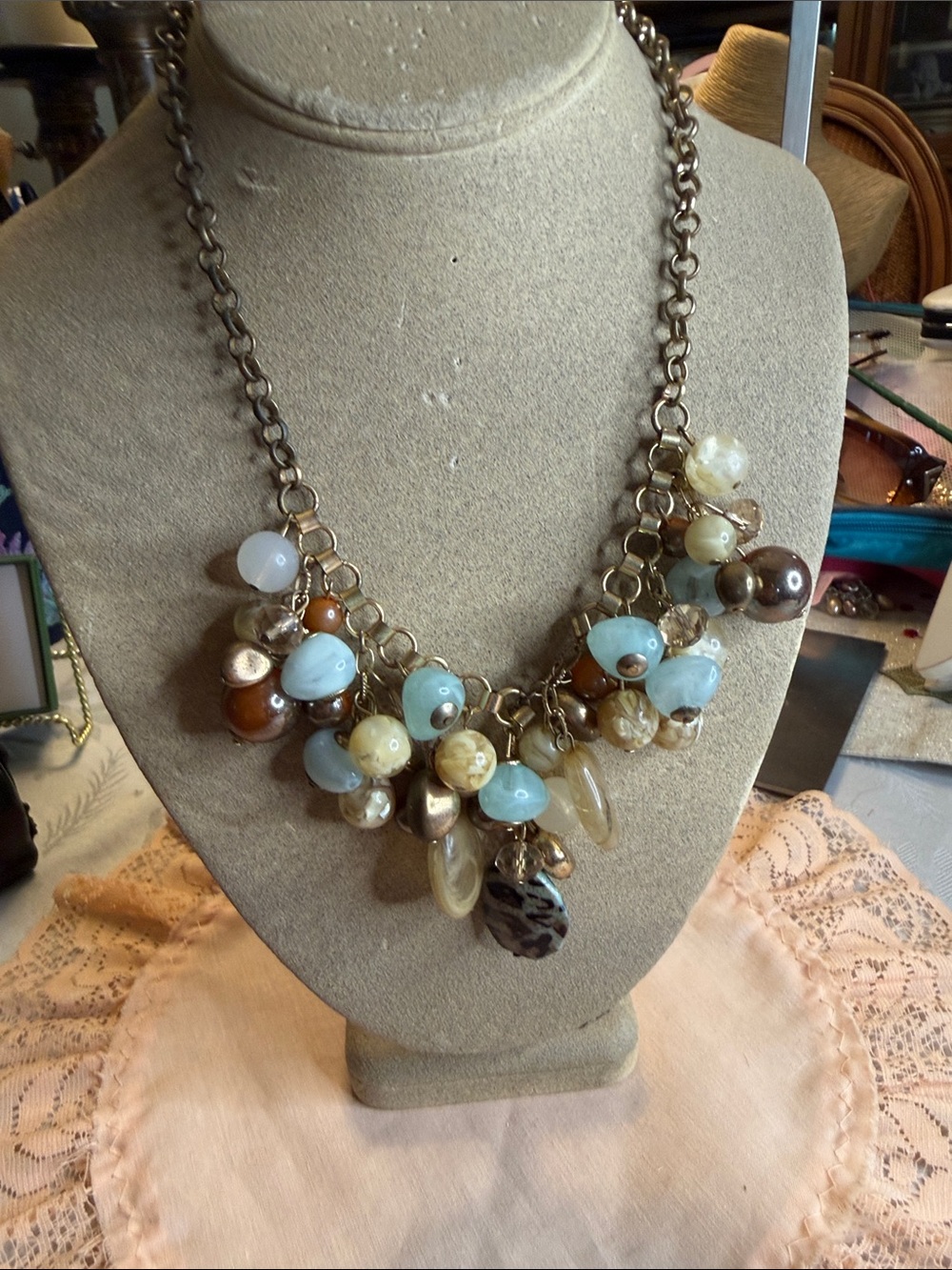 Fashion Jewelry Blue, Cream & Brown Bead Cluster Necklace
